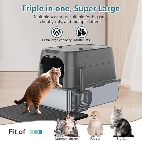 XXXL Jumbo Stainless Steel Litter Box with Lid, 26" L x 18" W x 17" H Extra Large Stainless Steel Litter Box, 400 Count Cat Poop Bags + Cat Litter Mat,Non-Sticky, Anti-Leakage, Easy to Clean in Saudi Arabia