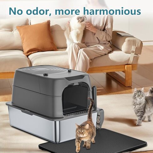 XXXL Jumbo Stainless Steel Litter Box with Lid, 26" L x 18" W x 17" H Extra Large Stainless Steel Litter Box, 400 Count Cat Poop Bags + Cat Litter Mat,Non-Sticky, Anti-Leakage, Easy to Clean in Saudi Arabia