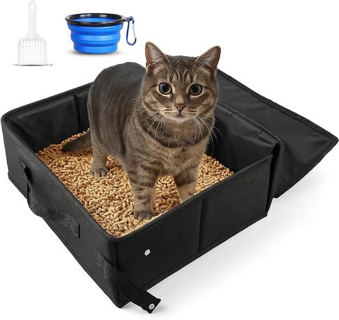 صندوق فضلات القطط المحمول للسفر، صندوق فضلات صغير قابل للطي للسفر مع غطاء بسحاب، بدون رائحة، مقاوم للماء، مانع للتسرب، مناسب للفنادق وفي الهواء الطلق، أسود in Kuwait