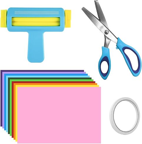 أداة تجعيد الورق، مقصات وردية مقاس 9 بوصات، 100 ورقة ورق نفث الحبر رفيع لامع مقاس 8.5 × 11 بوصة مع شريط مزدوج الجوانب لصناعة أكياس الرقائق للطابعة النافثة للحبر، وفنون الحرف اليدوية، وسجلات القصاصات in Kuwait