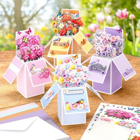 Katy Sue Blooming Box Bouquets Pop Up Card Making Kit. Make 8 3D Floral Box Cards. All-in-one Kit: Die-Cut Decoupage, Cardstock, Adhesive Pads, Envelopes & Instructions for Card Making Supplies in Saudi Arabia