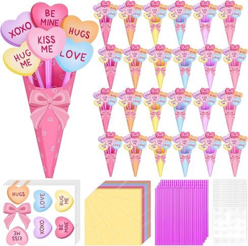 Demonwer 24 Set Valentine's Day Flower Bouquet Craft Kit DIY Flower Greeting Card Handmade Bouquet Cards Craft Gifts for Valentine School Classroom Exchange Gift Party Supplies (Heart) in Saudi Arabia