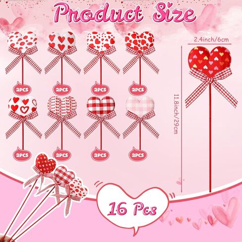 AceOrbit 16 Pcs Valentine's Day Heart Picks Flower Stick Red Pink Heart Picks for Valentine's Wedding Floral Bouquet Home Centerpiece Party Crafts Supplies in Saudi Arabia