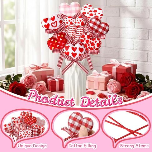 AceOrbit 16 Pcs Valentine's Day Heart Picks Flower Stick Red Pink Heart Picks for Valentine's Wedding Floral Bouquet Home Centerpiece Party Crafts Supplies in Saudi Arabia