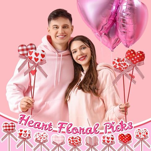 AceOrbit 16 Pcs Valentine's Day Heart Picks Flower Stick Red Pink Heart Picks for Valentine's Wedding Floral Bouquet Home Centerpiece Party Crafts Supplies in Saudi Arabia