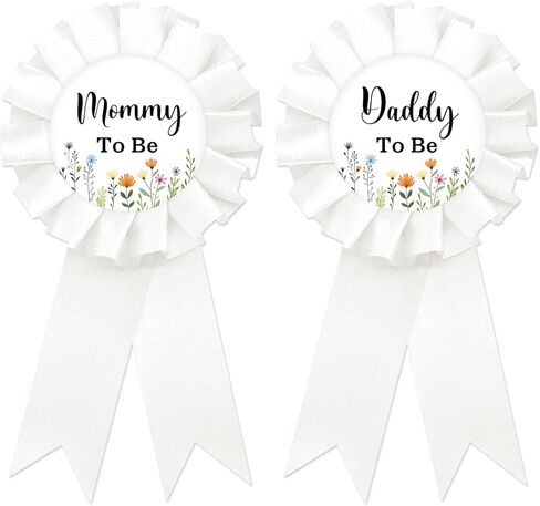 دبوس شارة Wildflower Mom to Be Tinplate، الأب الزهري ليكون دبوسًا، زر الكشف عن الجنس للآباء الجدد، شريط جائزة White Rosette Mom، هدايا لحفلات استقبال المولود الجديد Baby In Bloom in Kuwait