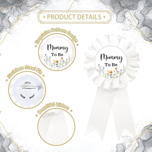 دبوس شارة Wildflower Mom to Be Tinplate، الأب الزهري ليكون دبوسًا، زر الكشف عن الجنس للآباء الجدد، شريط جائزة White Rosette Mom، هدايا لحفلات استقبال المولود الجديد Baby In Bloom in Kuwait