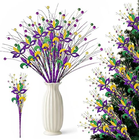 8 قطع من قطع الزهور اللامعة لديكور ماردي جراس، 17 بوصة أرجواني أخضر ذهبي فلور دي ليز من الزهور لقطع مركزية الطاولة، وحشو المزهرية، وديكورات الأشجار والحفلات in Kuwait