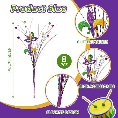 8 قطع من قطع الزهور اللامعة لديكور ماردي جراس، 17 بوصة أرجواني أخضر ذهبي فلور دي ليز من الزهور لقطع مركزية الطاولة، وحشو المزهرية، وديكورات الأشجار والحفلات in Kuwait