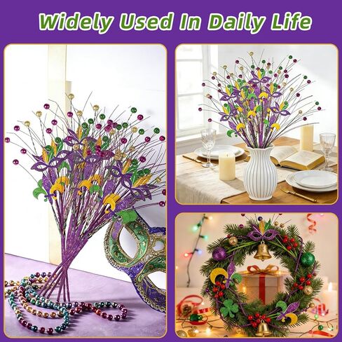 8 قطع من قطع الزهور اللامعة لديكور ماردي جراس، 17 بوصة أرجواني أخضر ذهبي فلور دي ليز من الزهور لقطع مركزية الطاولة، وحشو المزهرية، وديكورات الأشجار والحفلات in Kuwait