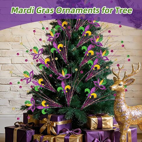 8 قطع من قطع الزهور اللامعة لديكور ماردي جراس، 17 بوصة أرجواني أخضر ذهبي فلور دي ليز من الزهور لقطع مركزية الطاولة، وحشو المزهرية، وديكورات الأشجار والحفلات in Kuwait