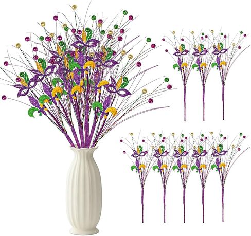 8 قطع من قطع الزهور اللامعة لديكور ماردي جراس، 17 بوصة أرجواني أخضر ذهبي فلور دي ليز من الزهور لقطع مركزية الطاولة، وحشو المزهرية، وديكورات الأشجار والحفلات in Kuwait