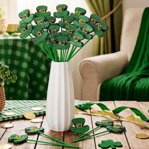 24 Pcs St. Patrick's Day Glitter Picks Shamrock Leprechaun Hat Picks St Patricks Day Stems Decorations 7.8 Inch for Table Centerpiece Vase Filler Arrangements in Saudi Arabia