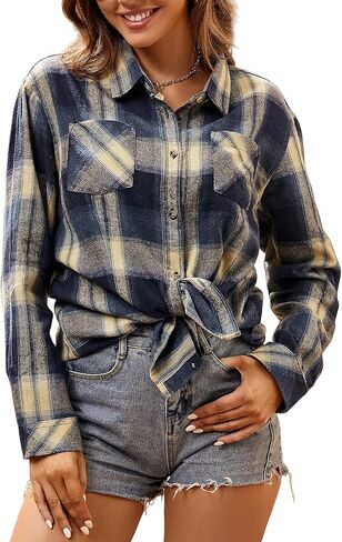 WARHORSEE Plaid Flannel Shirts for Women Long Sleeve, Loose Fit Womens Casual Flannels Button Down Shirts Blouses Tops in Saudi Arabia