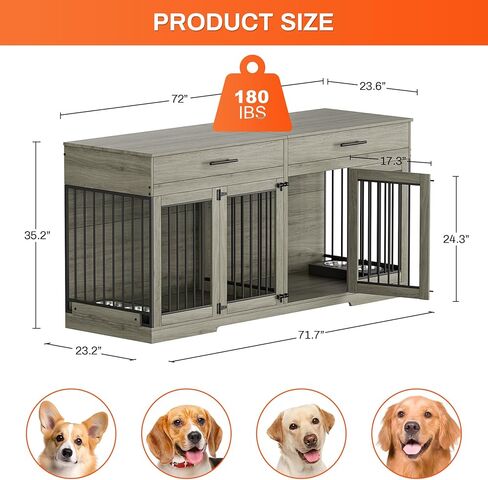 Rophefx 72" Dog Crate Furniture for 2 Dogs, Large Double Dog Kennel Indoor Furniture with 2 Storage Drawers and Removable Divider, Wooden Dog Cage with 4 Bowls, Dog House TV Stand for Medium Dog, Grey in Saudi Arabia
