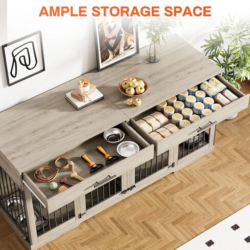 Rophefx 72" Dog Crate Furniture for 2 Dogs, Large Double Dog Kennel Indoor Furniture with 2 Storage Drawers and Removable Divider, Wooden Dog Cage with 4 Bowls, Dog House TV Stand for Medium Dog, Grey in Saudi Arabia