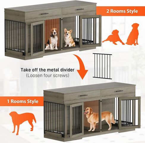 Rophefx 72" Dog Crate Furniture for 2 Dogs, Large Double Dog Kennel Indoor Furniture with 2 Storage Drawers and Removable Divider, Wooden Dog Cage with 4 Bowls, Dog House TV Stand for Medium Dog, Grey in Saudi Arabia