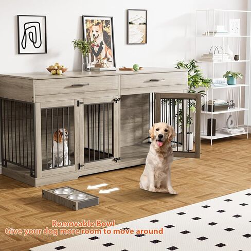 Rophefx 72" Dog Crate Furniture for 2 Dogs, Large Double Dog Kennel Indoor Furniture with 2 Storage Drawers and Removable Divider, Wooden Dog Cage with 4 Bowls, Dog House TV Stand for Medium Dog, Grey in Saudi Arabia
