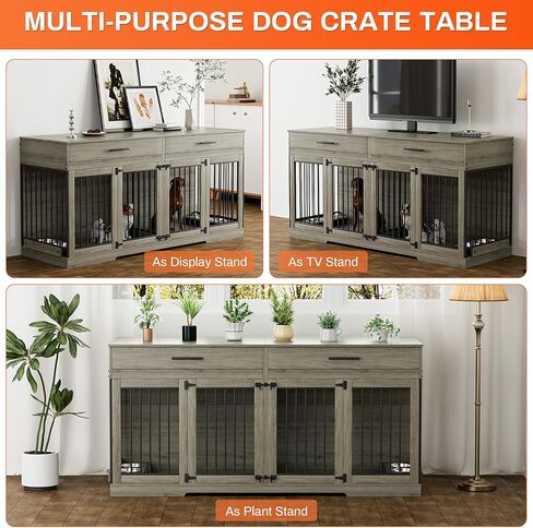 Rophefx 72" Dog Crate Furniture for 2 Dogs, Large Double Dog Kennel Indoor Furniture with 2 Storage Drawers and Removable Divider, Wooden Dog Cage with 4 Bowls, Dog House TV Stand for Medium Dog, Grey in Saudi Arabia