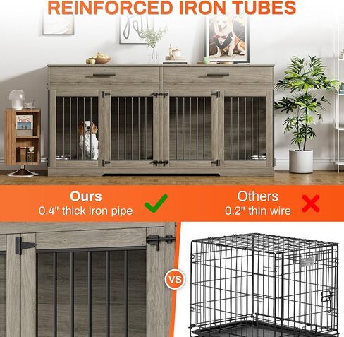 Rophefx 72" Dog Crate Furniture for 2 Dogs, Large Double Dog Kennel Indoor Furniture with 2 Storage Drawers and Removable Divider, Wooden Dog Cage with 4 Bowls, Dog House TV Stand for Medium Dog, Grey in Saudi Arabia