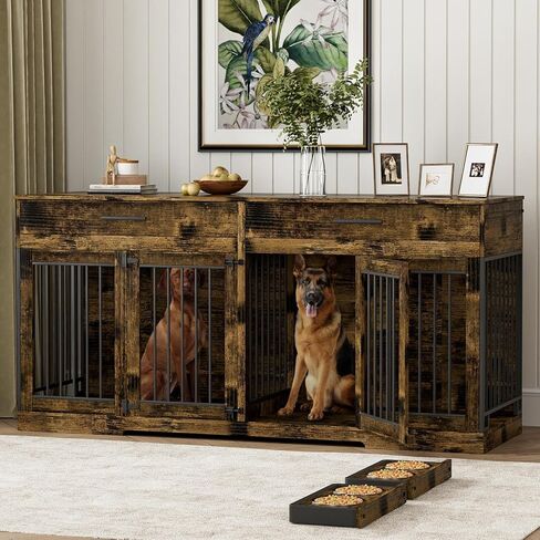 Rophefx 72" Dog Crate Furniture for 2 Dogs, Large Double Dog Kennel Indoor Furniture with 2 Storage Drawers and Removable Divider, Wooden Dog Cage with 4 Bowls, Dog House TV Stand for Medium Dog, Grey in Saudi Arabia