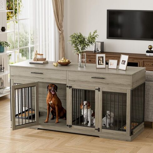 Rophefx 72" Dog Crate Furniture for 2 Dogs, Large Double Dog Kennel Indoor Furniture with 2 Storage Drawers and Removable Divider, Wooden Dog Cage with 4 Bowls, Dog House TV Stand for Medium Dog, Grey in Saudi Arabia