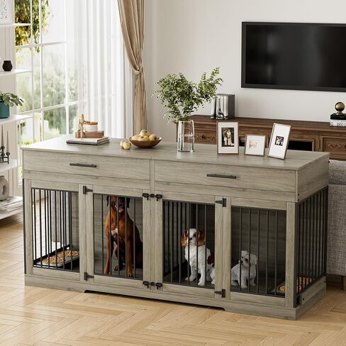 Rophefx 72" Dog Crate Furniture for 2 Dogs, Large Double Dog Kennel Indoor Furniture with 2 Storage Drawers and Removable Divider, Wooden Dog Cage with 4 Bowls, Dog House TV Stand for Medium Dog, Grey in Saudi Arabia