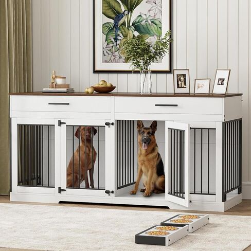 Rophefx 72" Dog Crate Furniture for 2 Dogs, Large Double Dog Kennel Indoor Furniture with 2 Storage Drawers and Removable Divider, Wooden Dog Cage with 4 Bowls, Dog House TV Stand for Medium Dog, Grey in Saudi Arabia