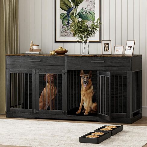 Rophefx 72" Dog Crate Furniture for 2 Dogs, Large Double Dog Kennel Indoor Furniture with 2 Storage Drawers and Removable Divider, Wooden Dog Cage with 4 Bowls, Dog House TV Stand for Medium Dog, Grey in Saudi Arabia