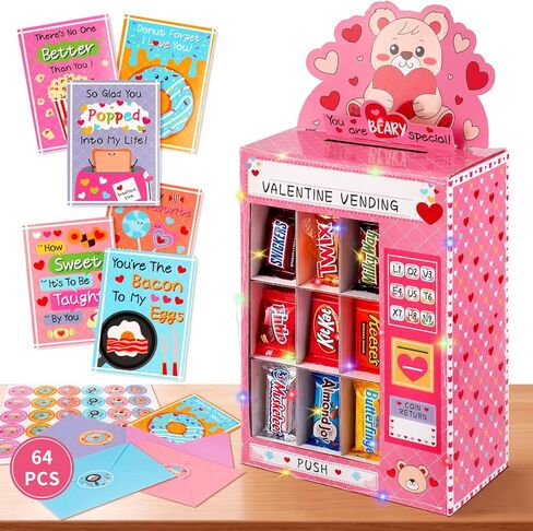 Valentines Boxes for Kids Classroom - Valentines Day Cards for Kids School - DIY Bear Vending Machine Valentines Box with 30 Cards, Flashing Lights, 30 Envelopes and Stickers for Boys Girls Classroom Exchange Class Gifts Party Favors(25 Valentine's Card/5 in Saudi Arabia
