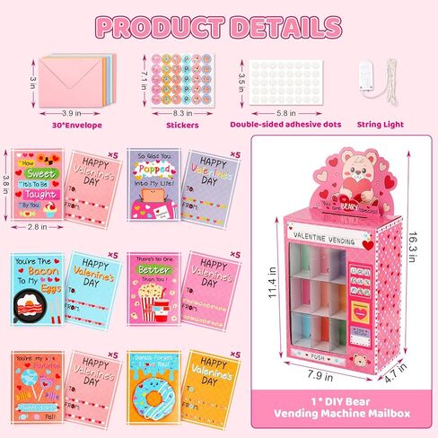 Valentines Boxes for Kids Classroom - Valentines Day Cards for Kids School - DIY Bear Vending Machine Valentines Box with 30 Cards, Flashing Lights, 30 Envelopes and Stickers for Boys Girls Classroom Exchange Class Gifts Party Favors(25 Valentine's Card/5 in Saudi Arabia