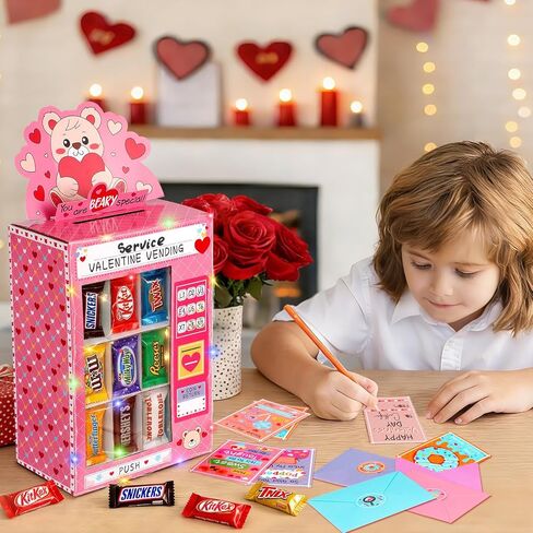 Valentines Boxes for Kids Classroom - Valentines Day Cards for Kids School - DIY Bear Vending Machine Valentines Box with 30 Cards, Flashing Lights, 30 Envelopes and Stickers for Boys Girls Classroom Exchange Class Gifts Party Favors(25 Valentine's Card/5 in Saudi Arabia