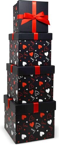Gift Boutique 4 Pack Valentine Nesting Boxes with Bow Lids Black Red Hearts Stacking Square Box Gifts Presents Wrapping Birthday Wedding Party Decor in Saudi Arabia