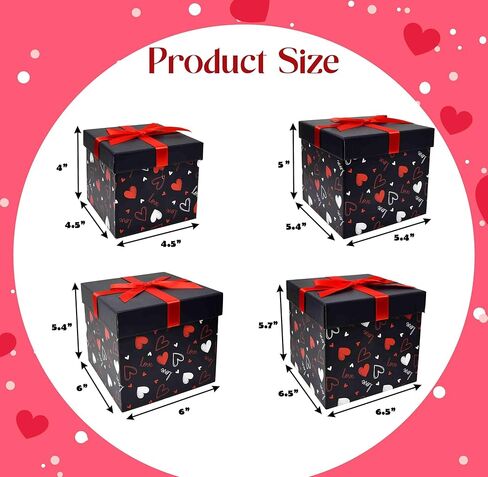 Gift Boutique 4 Pack Valentine Nesting Boxes with Bow Lids Black Red Hearts Stacking Square Box Gifts Presents Wrapping Birthday Wedding Party Decor in Saudi Arabia