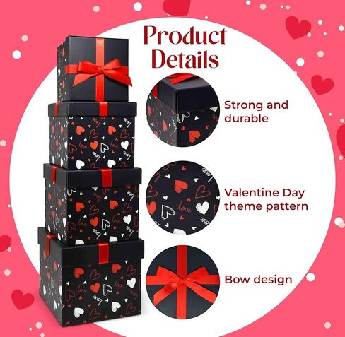 Gift Boutique 4 Pack Valentine Nesting Boxes with Bow Lids Black Red Hearts Stacking Square Box Gifts Presents Wrapping Birthday Wedding Party Decor in Saudi Arabia