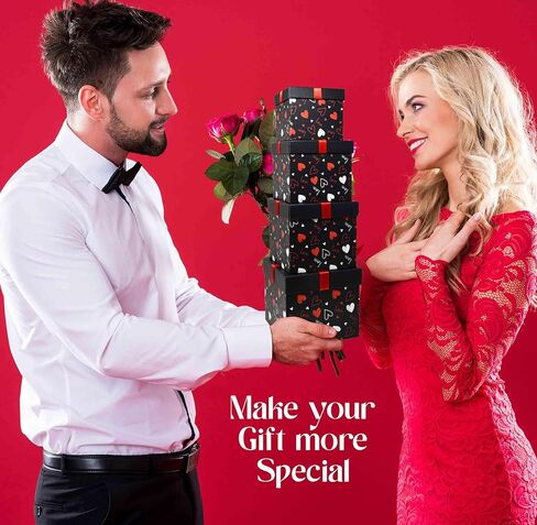 Gift Boutique 4 Pack Valentine Nesting Boxes with Bow Lids Black Red Hearts Stacking Square Box Gifts Presents Wrapping Birthday Wedding Party Decor in Saudi Arabia