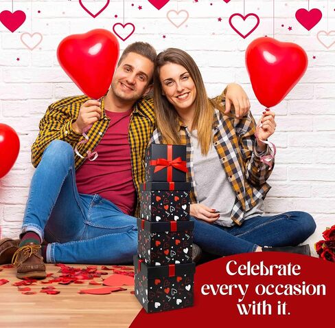 Gift Boutique 4 Pack Valentine Nesting Boxes with Bow Lids Black Red Hearts Stacking Square Box Gifts Presents Wrapping Birthday Wedding Party Decor in Saudi Arabia