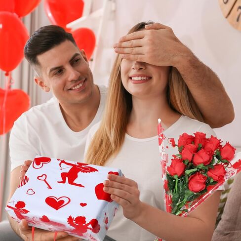Gueevin عيد الحب السيلوفان التفاف لفة عيد الحب السيلوفان التفاف قلوب مفاتيح كيوبيد أكياس الهدايا 100 قدم طويلة × 16 في واسعة 2.5 مل ورقة هدية واضحة لفة للحرف يعامل الزهور تفضل الطرف in Kuwait