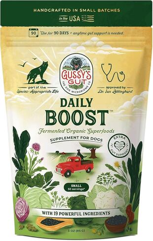 Gussy's Gut Daily Boost - إعادة ضبط الأطعمة العضوية الفائقة المخمرة وإعادة تشغيل صحة أمعاء الكلاب - مكمل هضمي من الدرجة البشرية قبل البروبيوتيك - تركيبة مكونة من 19 دفعة صغيرة مصنوعة في الولايات المتحدة الأمريكية - مرحلة إعادة الضبط (3 أونصة) in Kuwait