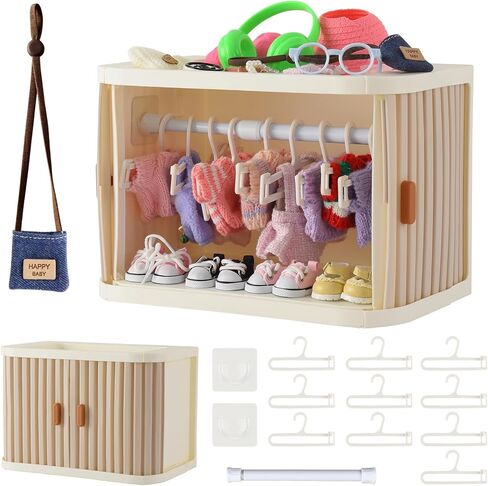 خزانة ملابس الدمى قابلة للطي لملابس لابوبو - صندوق تخزين قابل للتكديس بباب منزلق مزدوج لملابس الدمى مقاس 4-7 بوصة، منظم ملابس الدمى ذو سعة كبيرة مع 10 شماعات وقضيب (رمادي) in Kuwait