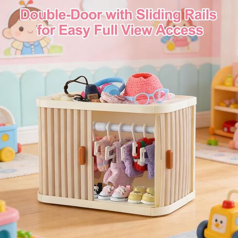 خزانة ملابس الدمى قابلة للطي لملابس لابوبو - صندوق تخزين قابل للتكديس بباب منزلق مزدوج لملابس الدمى مقاس 4-7 بوصة، منظم ملابس الدمى ذو سعة كبيرة مع 10 شماعات وقضيب (رمادي) in Kuwait