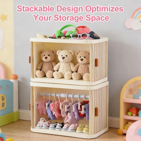 خزانة ملابس الدمى قابلة للطي لملابس لابوبو - صندوق تخزين قابل للتكديس بباب منزلق مزدوج لملابس الدمى مقاس 4-7 بوصة، منظم ملابس الدمى ذو سعة كبيرة مع 10 شماعات وقضيب (رمادي) in Kuwait