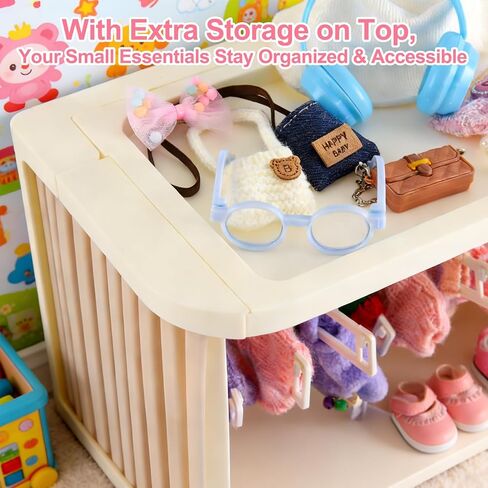 خزانة ملابس الدمى قابلة للطي لملابس لابوبو - صندوق تخزين قابل للتكديس بباب منزلق مزدوج لملابس الدمى مقاس 4-7 بوصة، منظم ملابس الدمى ذو سعة كبيرة مع 10 شماعات وقضيب (رمادي) in Kuwait