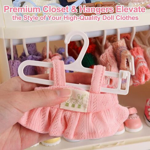 خزانة ملابس الدمى قابلة للطي لملابس لابوبو - صندوق تخزين قابل للتكديس بباب منزلق مزدوج لملابس الدمى مقاس 4-7 بوصة، منظم ملابس الدمى ذو سعة كبيرة مع 10 شماعات وقضيب (رمادي) in Kuwait