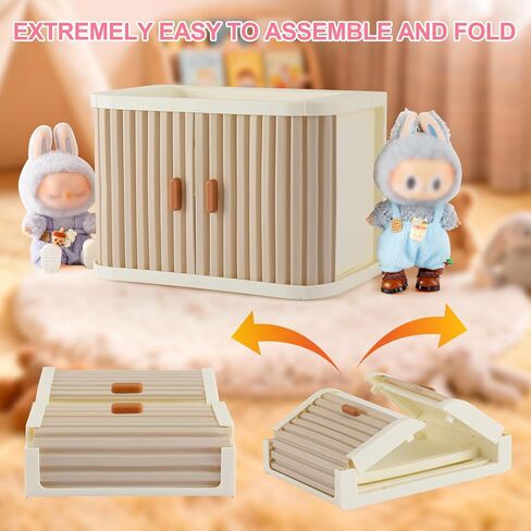 خزانة ملابس الدمى قابلة للطي لملابس لابوبو - صندوق تخزين قابل للتكديس بباب منزلق مزدوج لملابس الدمى مقاس 4-7 بوصة، منظم ملابس الدمى ذو سعة كبيرة مع 10 شماعات وقضيب (رمادي) in Kuwait