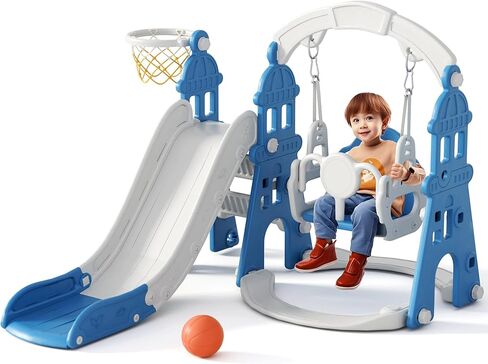 XJD 4-in-1 Toddler Slide and Swing Set, Kids Slide for Toddlers Age 1+, Toddler Outdoor Playset with Basketball Hoop, Swing, Outdoor Indoor Playground for Toddlers 1-3 (Pink) in Saudi Arabia