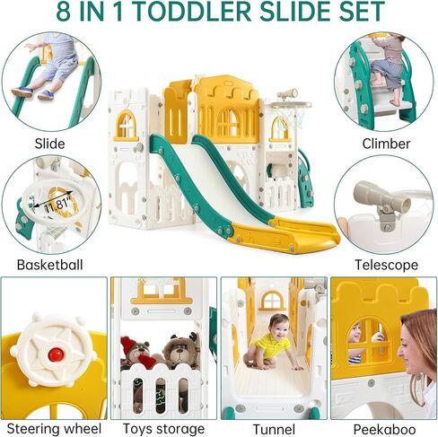 مجموعة لعب للأطفال الصغار 8 في 1 للأطفال الصغار، مجموعة لعب للأطفال لملعب داخلي وخارجي مع متسلق، نفق زحف، طوق كرة السلة، تلسكوب، تخزين الألعاب in Saudi Arabia