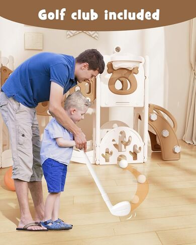 XJD 12-in-1 Toddler Slide and Swing Set, Kids Slide for Toddlers Age 1+, Toddler Outdoor Playset New Upgrade with Golf Set, Basketball Hoop, Drawing Board for Playground (Brown) in Saudi Arabia