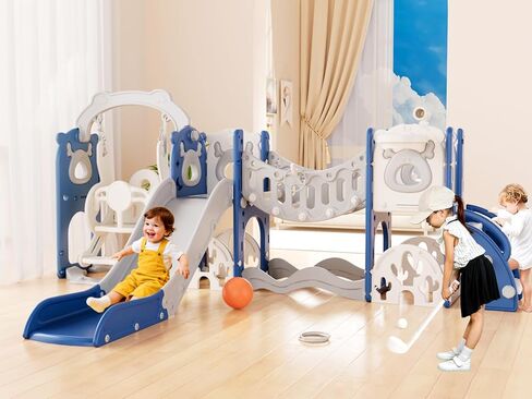 مجموعة زلاجات وأرجوحة للأطفال 12 في 1 من XJD، زحليقة للأطفال بعمر 1+، مجموعة ألعاب خارجية للأطفال الصغار ترقية جديدة مع مجموعة جولف، طوق كرة السلة، لوحة رسم للملعب (بني) in Kuwait