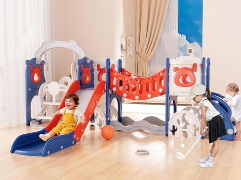 XJD 12-in-1 Toddler Slide and Swing Set, Kids Slide for Toddlers Age 1+, Toddler Outdoor Playset New Upgrade with Golf Set, Basketball Hoop, Drawing Board for Playground (Brown) in Saudi Arabia